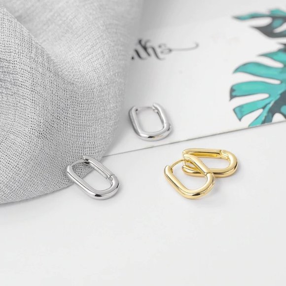 NEW Gold/Sterling Silver Oval Huggie Hoop Earrings - Picture 3 of 7